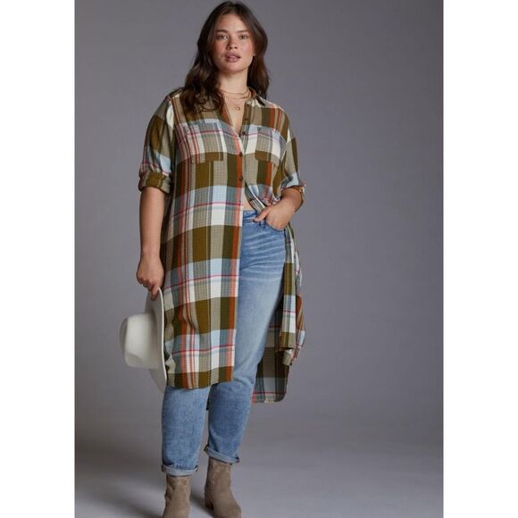 Pilcro Side-Slit Maxi Tunic Plaid Button down long Sleeve Size Small - Picture 1 of 16